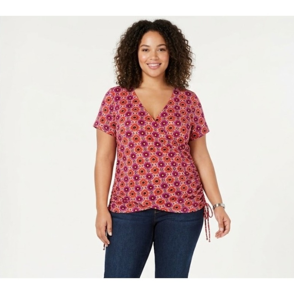 INC International Concepts Wrap Ruched Side Stretch Short Sleeve Top XL